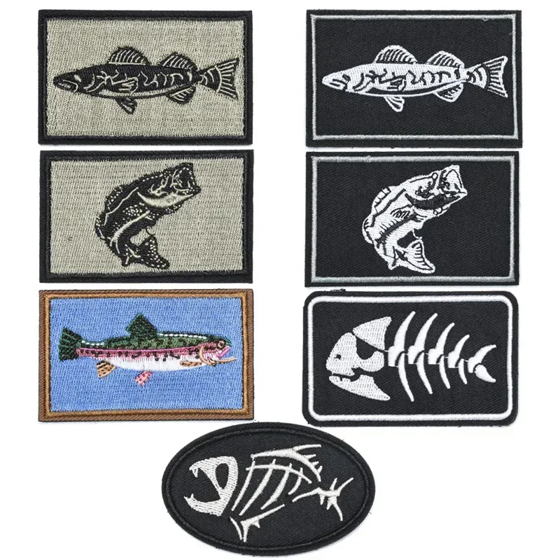 Parche bordado táctico pesca anzuelo y escudo para mochila
