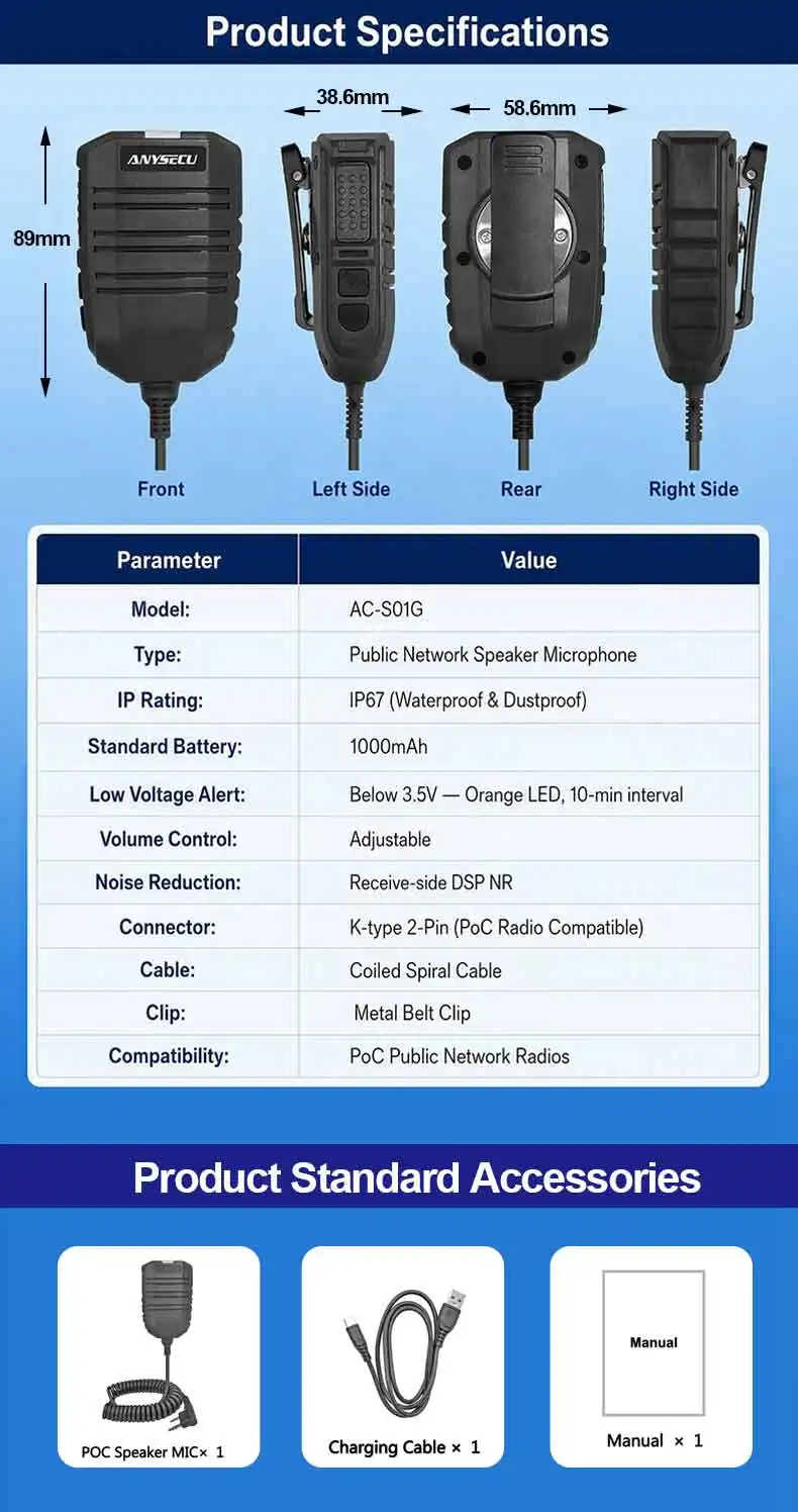 ANYSECU S01G Micrófono-altavoz de hombro Tipo K IP67 para radio - imagen 5