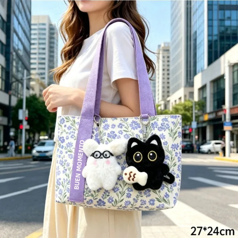 Bolsa bandolera de lona morada con margaritas estilo japonés - imagen 4