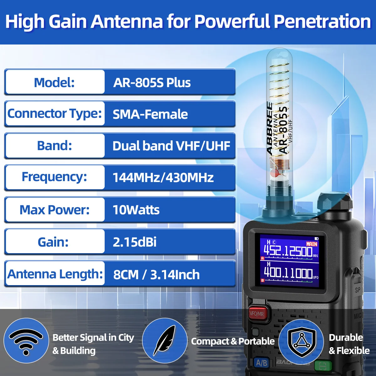 Antena Dual Band ABBREE AR-805S Alta Ganancia SMA f Baofeng