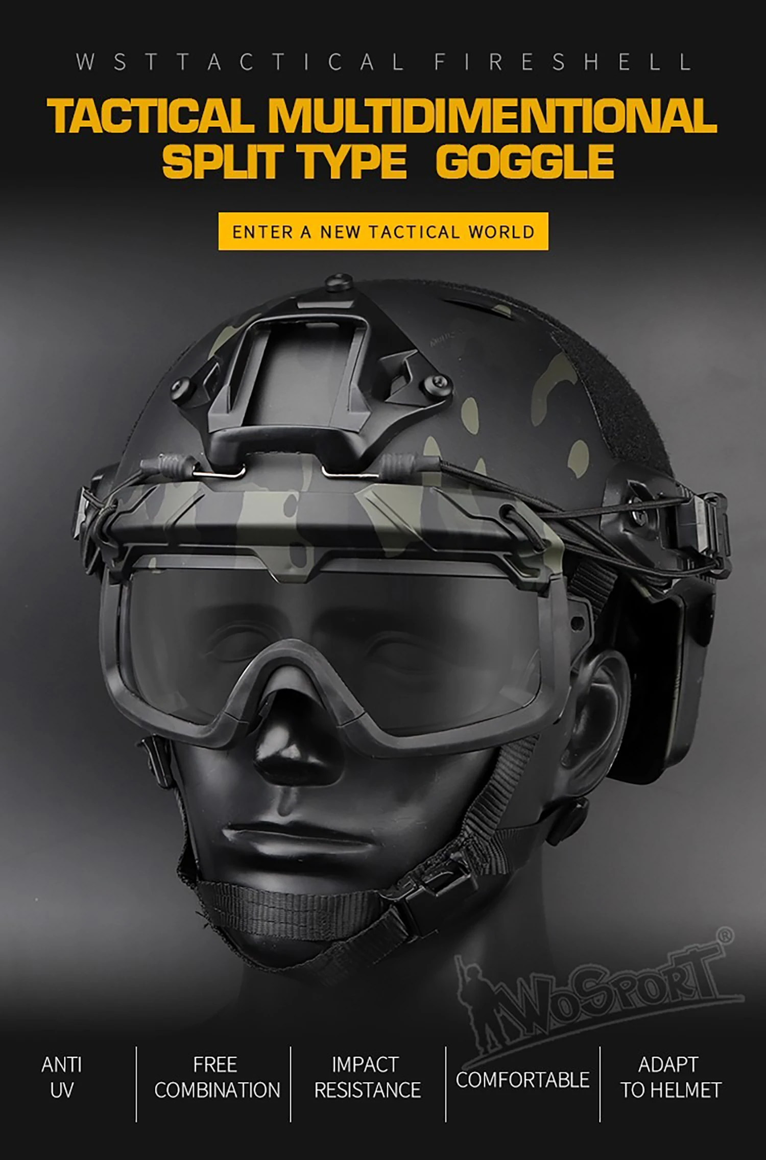 Gafas mostrando diseño dividido y estructura táctica