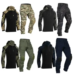 Ropa táctica cargo con capucha y rodilleras, múltiples bolsillos