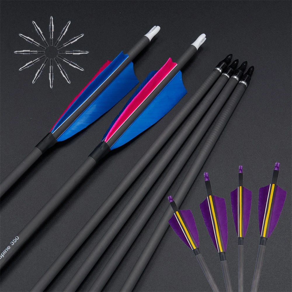 Flechas de carbono para caza con punta reemplazable y pluma pavo