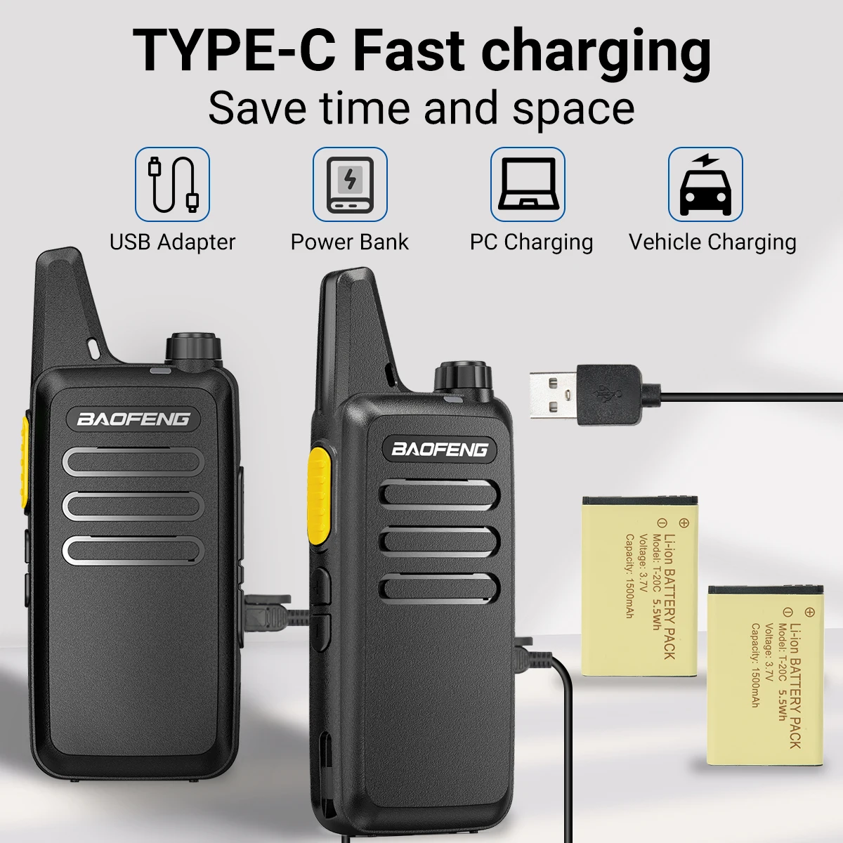 Walkie talkie mini BF-T20 portátil, VOX y carga USB - imagen 3