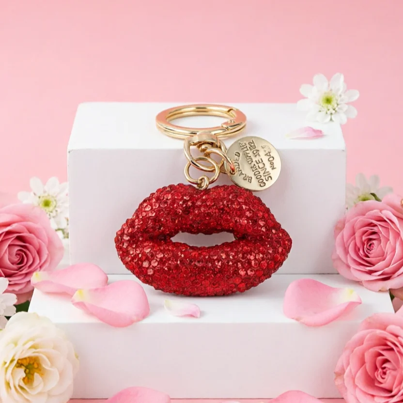Llavero labios diamantes imitación rojo oro – Colgante bolso mujer - imagen 3