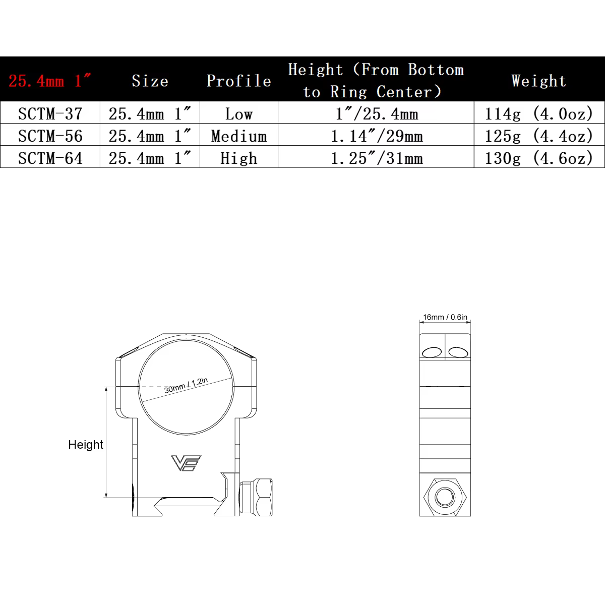 Anillos Weaver perfil bajo/medio/alto para óptica 25.4mm riel 20mm - imagen 2