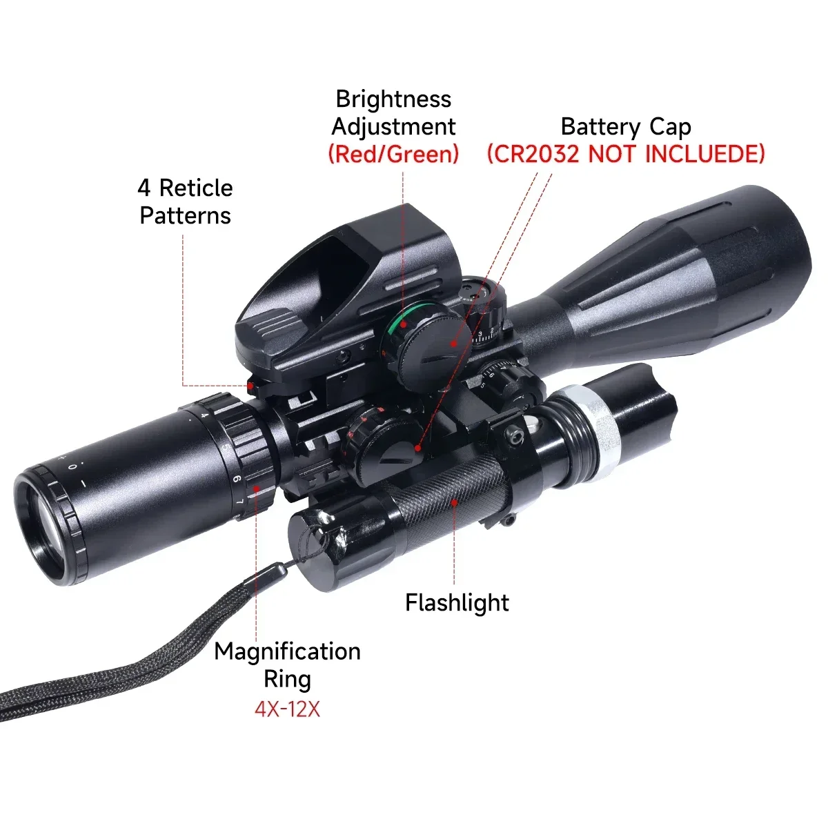 Mira telescópica táctica para airsoft con láser, punto rojo y miras