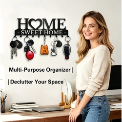 Porta llaves metal negro montable en pared con ganchos