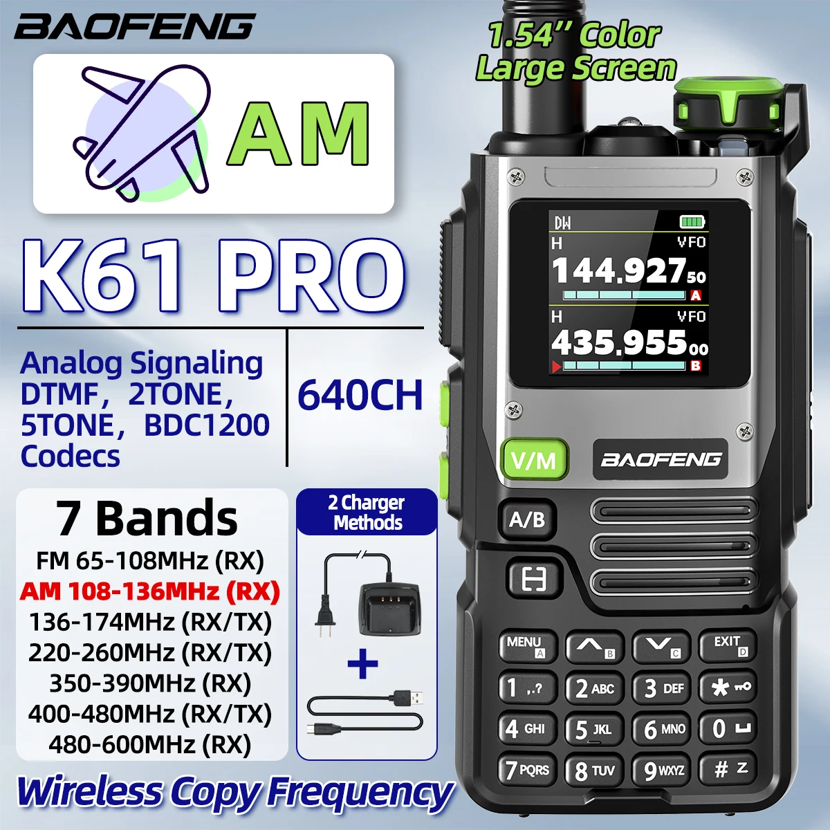 Baofeng K61 Pro walkie-talkie multibanda DTMF con NOAA y banda aeronáutica