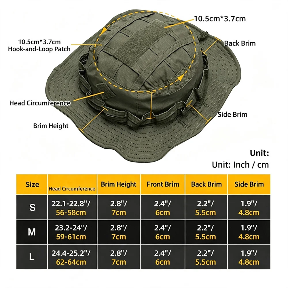Sombrero táctico boonie de ala ancha para actividades al aire libre