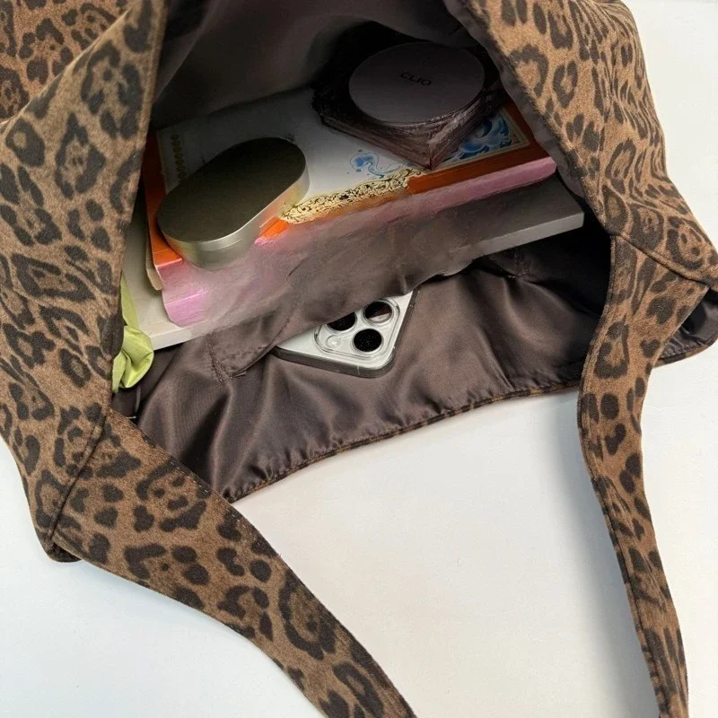 Bolso de lona bandolera estampado leopardo, gran capacidad uso diario