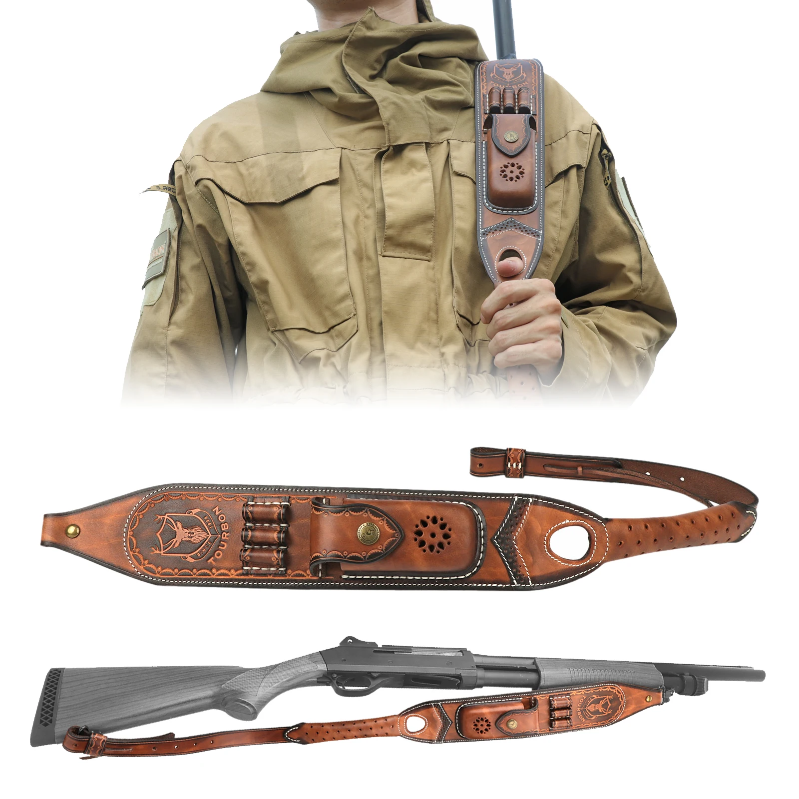 Tourbon correa táctica rifle de caza cuero vintage, porta cartuchos - imagen 3