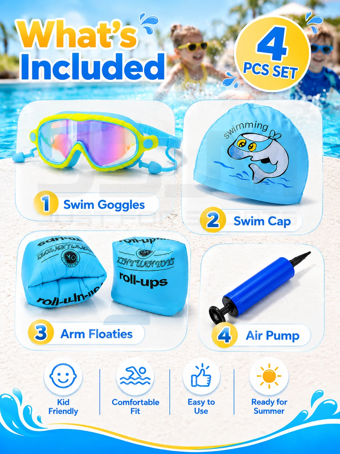 Set natación infantil completo: gafas, gorro, alas y flotadores - imagen 5