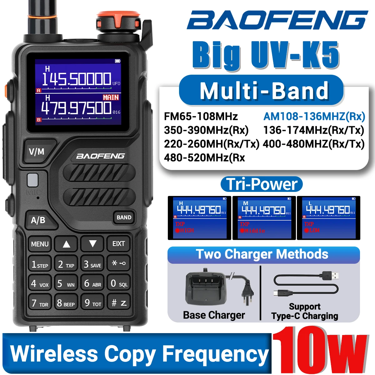 Baofeng UV-5R walkie talkie táctico banda aérea AM/FM Type-C
