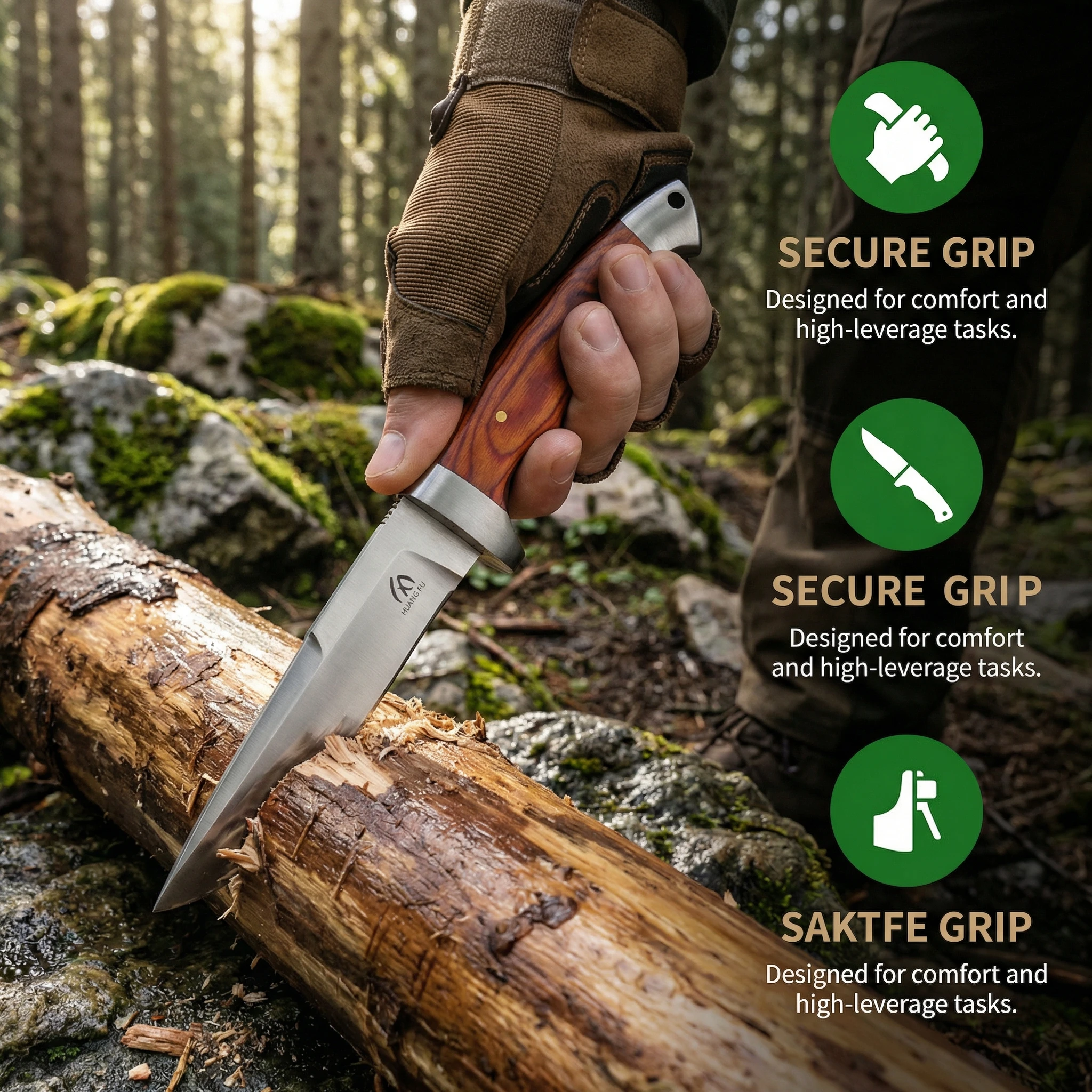 Cuchillo fijo táctico de hoja pequeña con mango de madera y funda