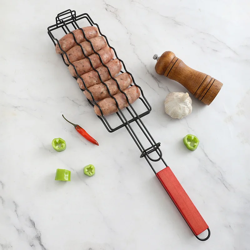 Red para barbacoa de salchichas antiadherente con mango de madera - imagen 2