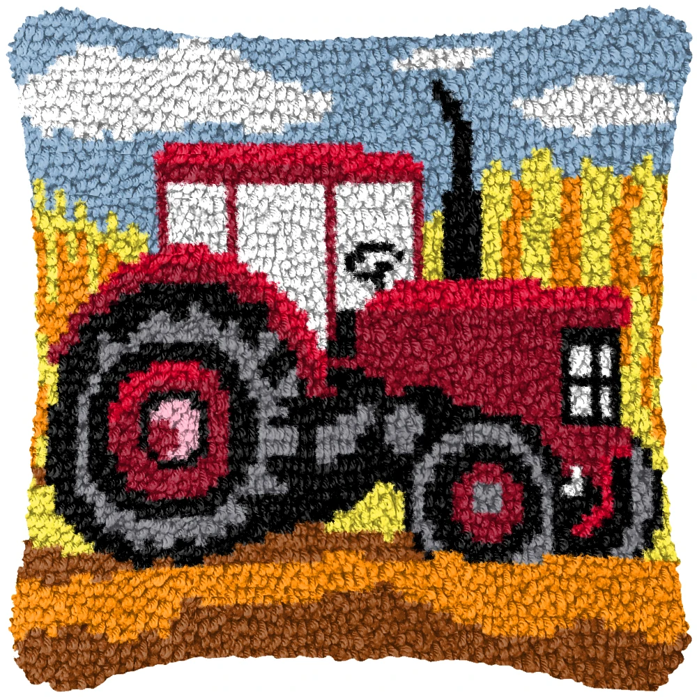 Cojín bordado vintage con motivos retro tren, tractor y Big Ben - imagen 5