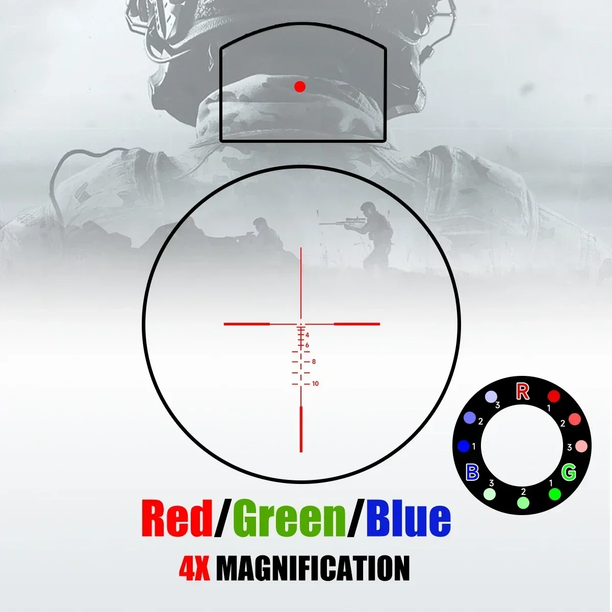 Mira táctica óptica combinada con retícula triiluminada y láser rojo