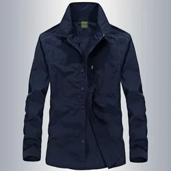 Camisa militar hombre algodón primavera manga larga lisa bolsillos