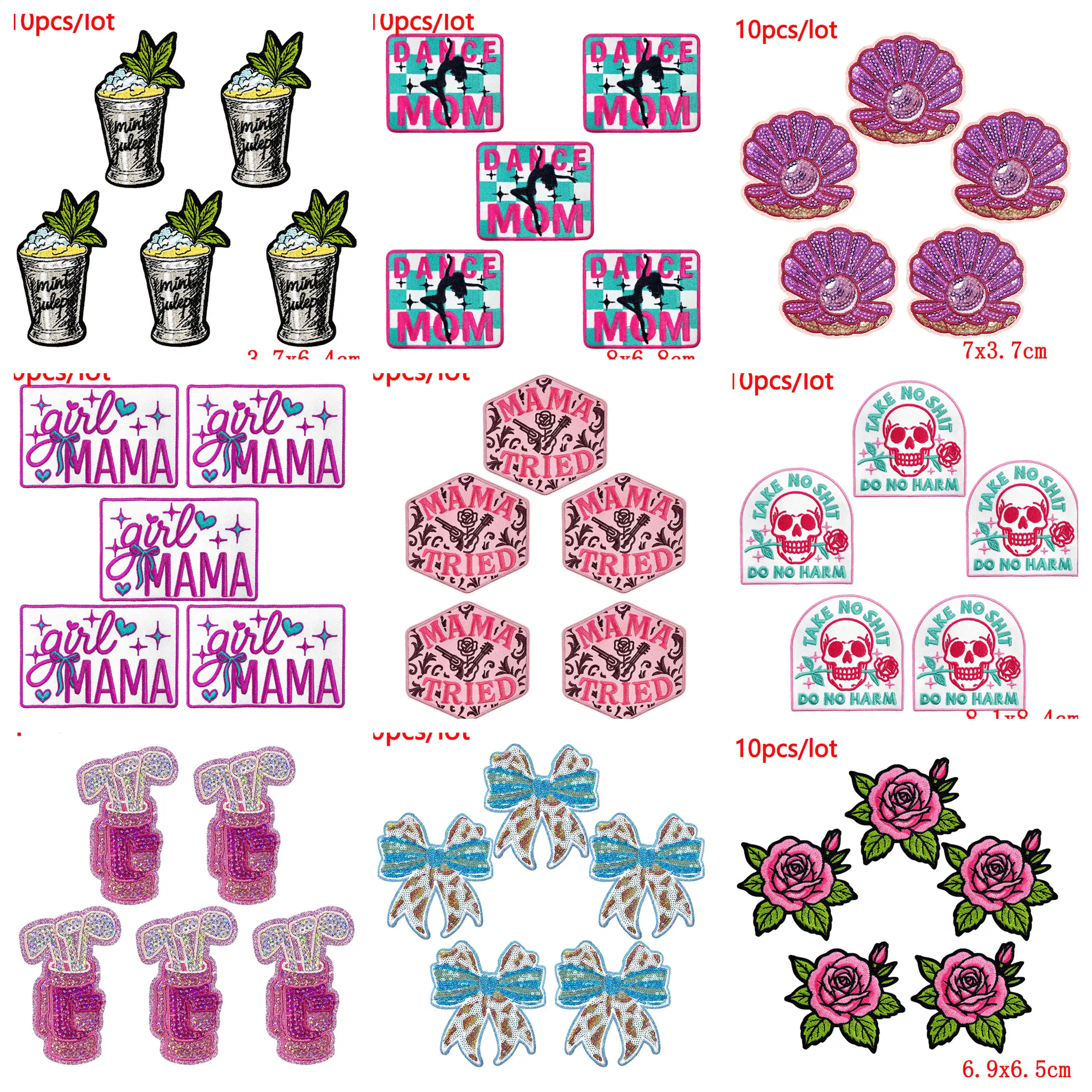 Vista del lote completo de parches bordados variados