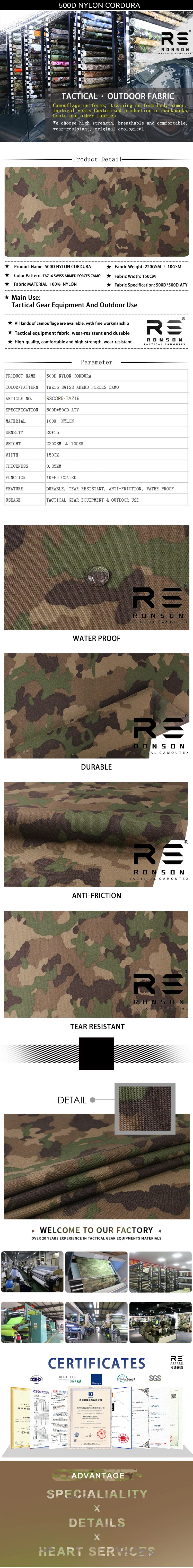 Tela Cordura de Nailon 500D TAZ16 con recubrimiento PU resistente al agua (RONSON)