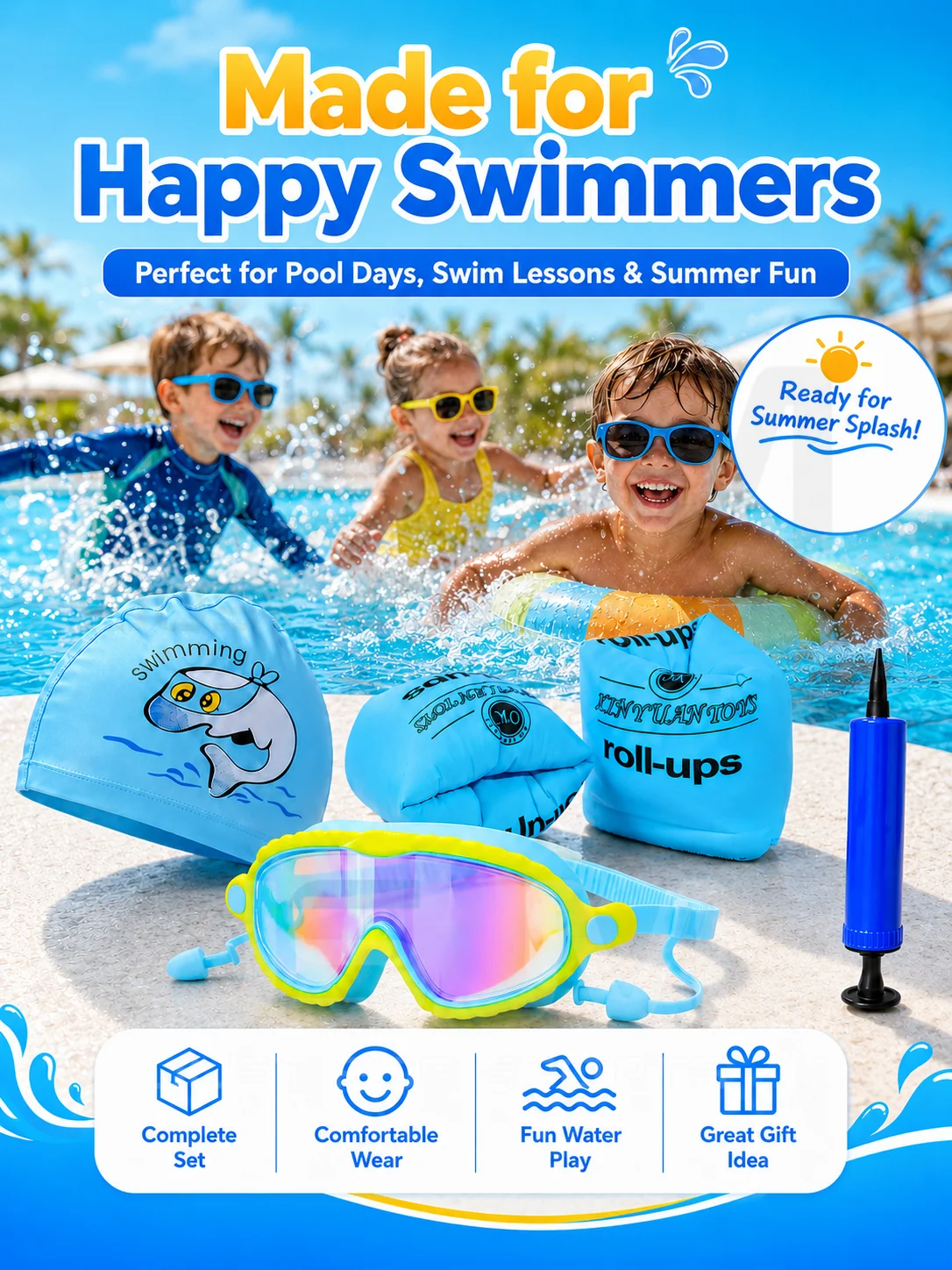 Set natación infantil completo: gafas, gorro, alas y flotadores - imagen 4