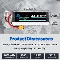 TERANTY Batería LiPo 11,1 V 4600 mAh 120C con conector XT60 RC