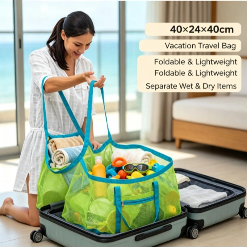 Bolsa plegable malla juguetes playa niños – Portátil herramientas arena viaje - imagen 3