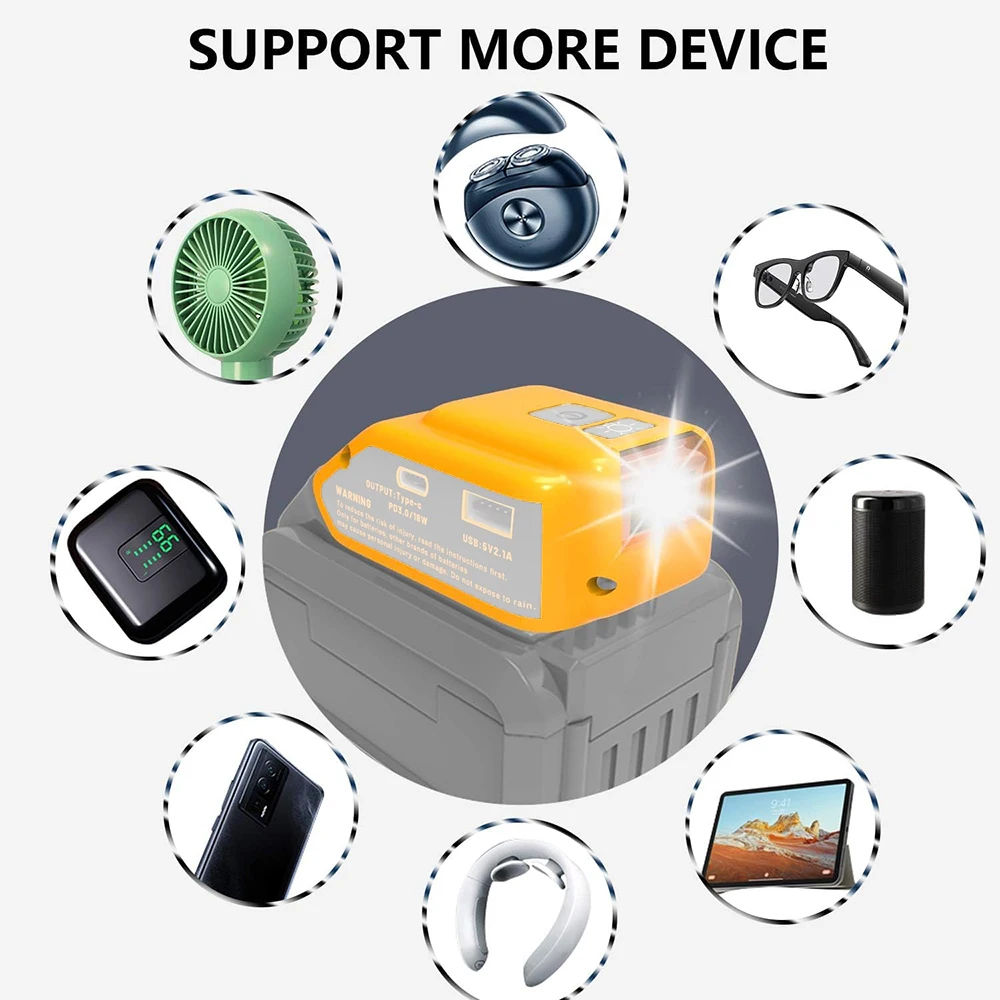 Adaptador convertidor de batería Dewal con USB Tipo C y LED - imagen 4