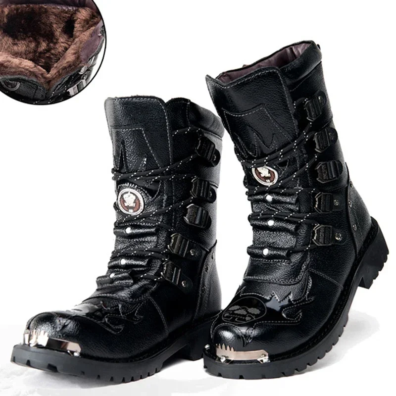 Botas invierno motociclista hombre – Cuero negro media pantorrilla tácticas - imagen 3