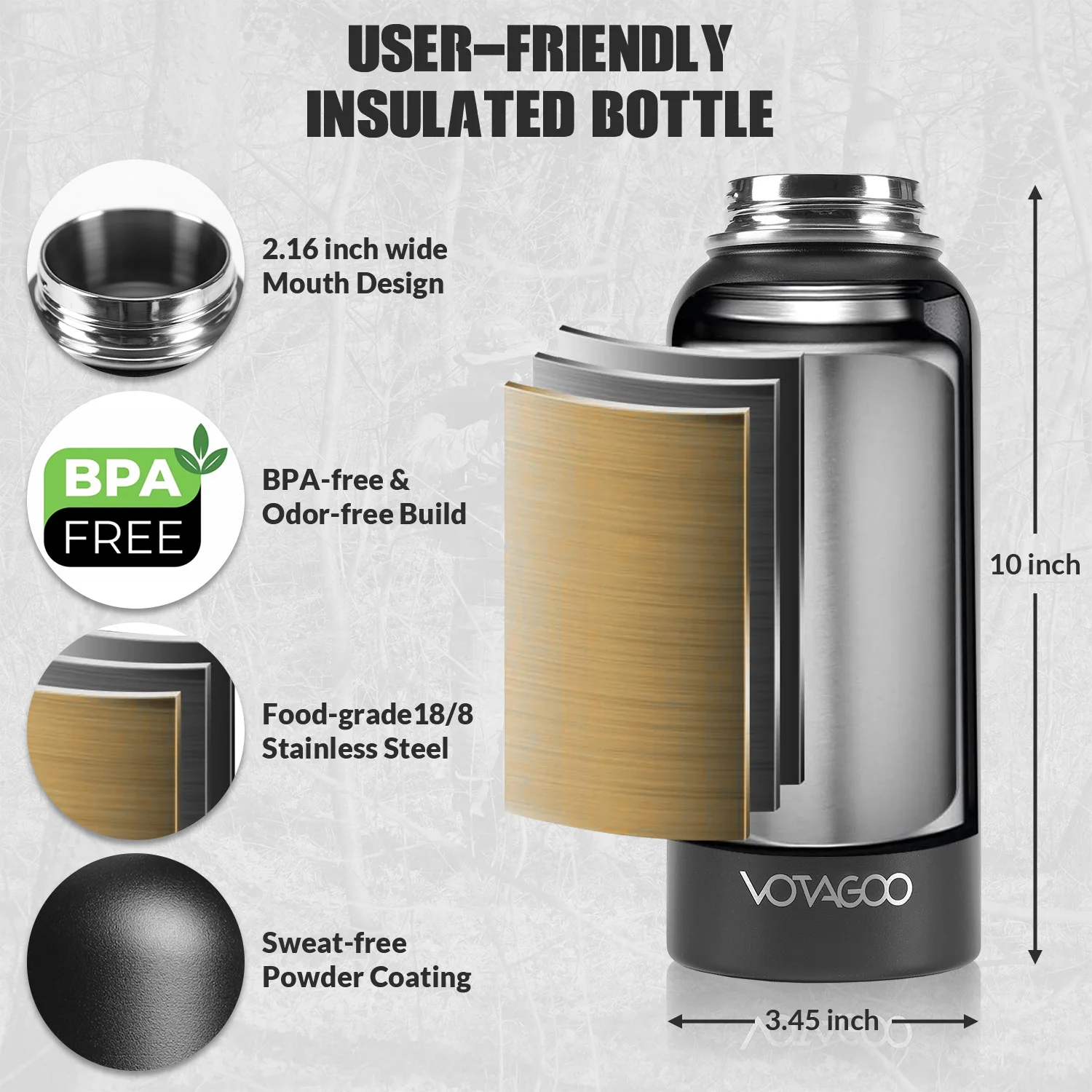 VOTAGOO Botella táctica de acero inoxidable aislada con tapa Chug Cap - imagen 2