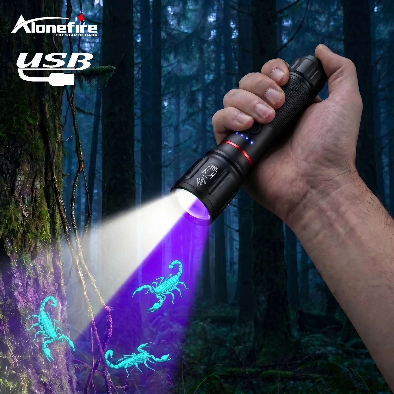 Alonefire Zoom Linterna UV LED recargable con modo flash - imagen 3