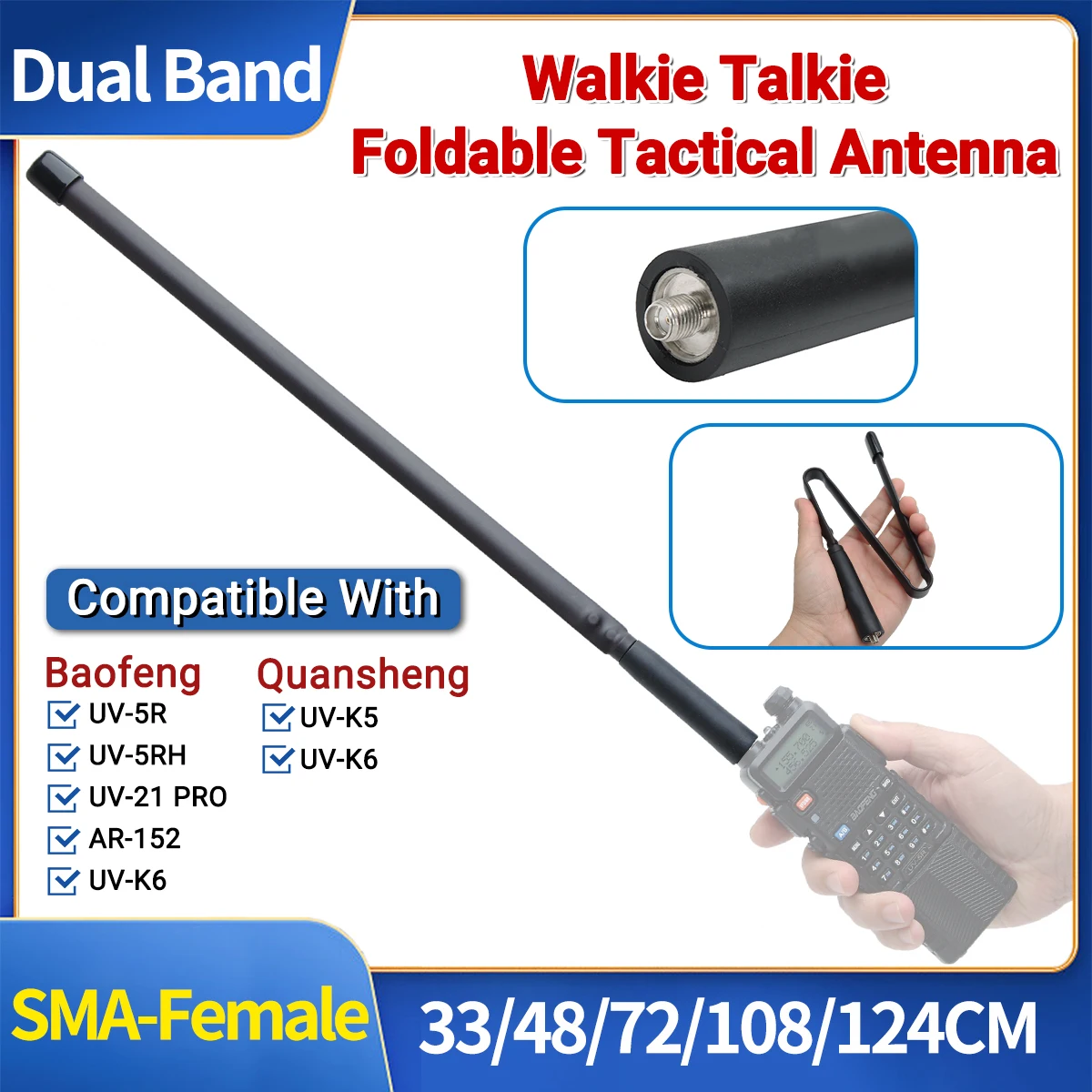 Antena táctica plegable SMA-hembra para walkie talkie