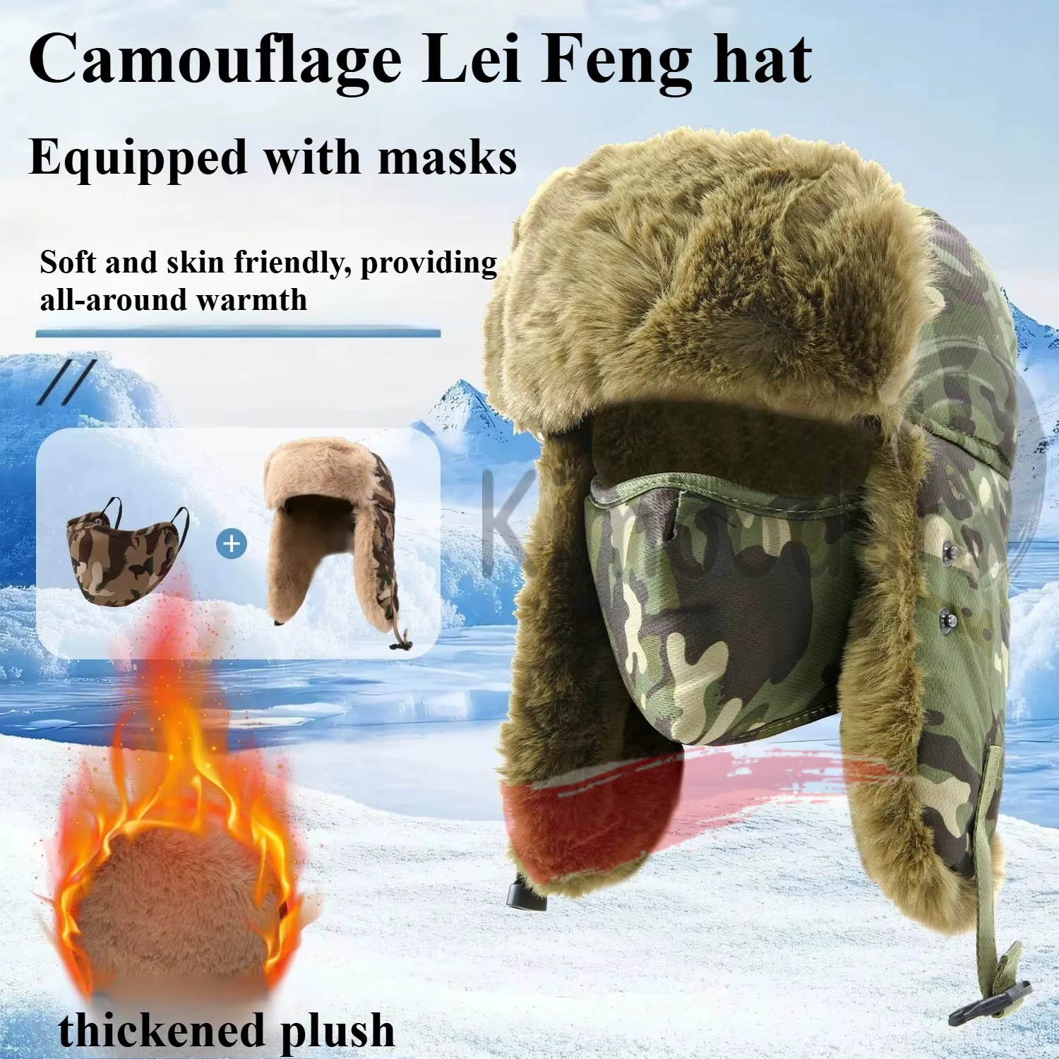Gorro militar de camuflaje con protección para los oídos, felpa cálida - imagen 5