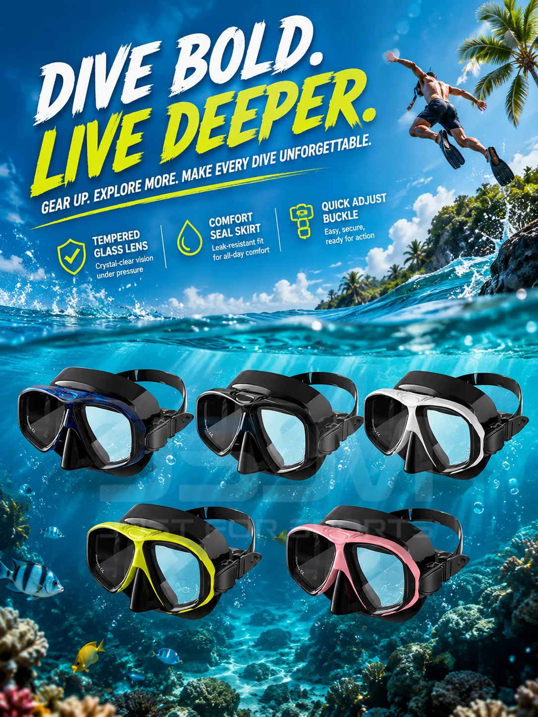 JSJM Máscara de buceo silicona con cristal templado y vista panorámica