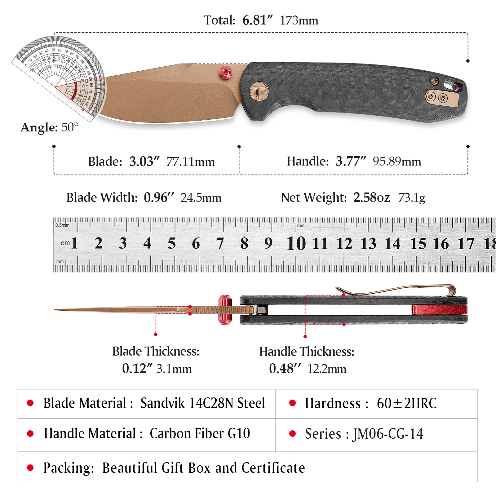 TRIVISA Cuchillo plegable de bolsillo EDC acero 14C28N, mango G10 - imagen 5