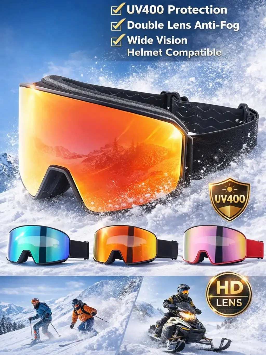 Gafas de esquí con lente doble capa y aspecto profesional