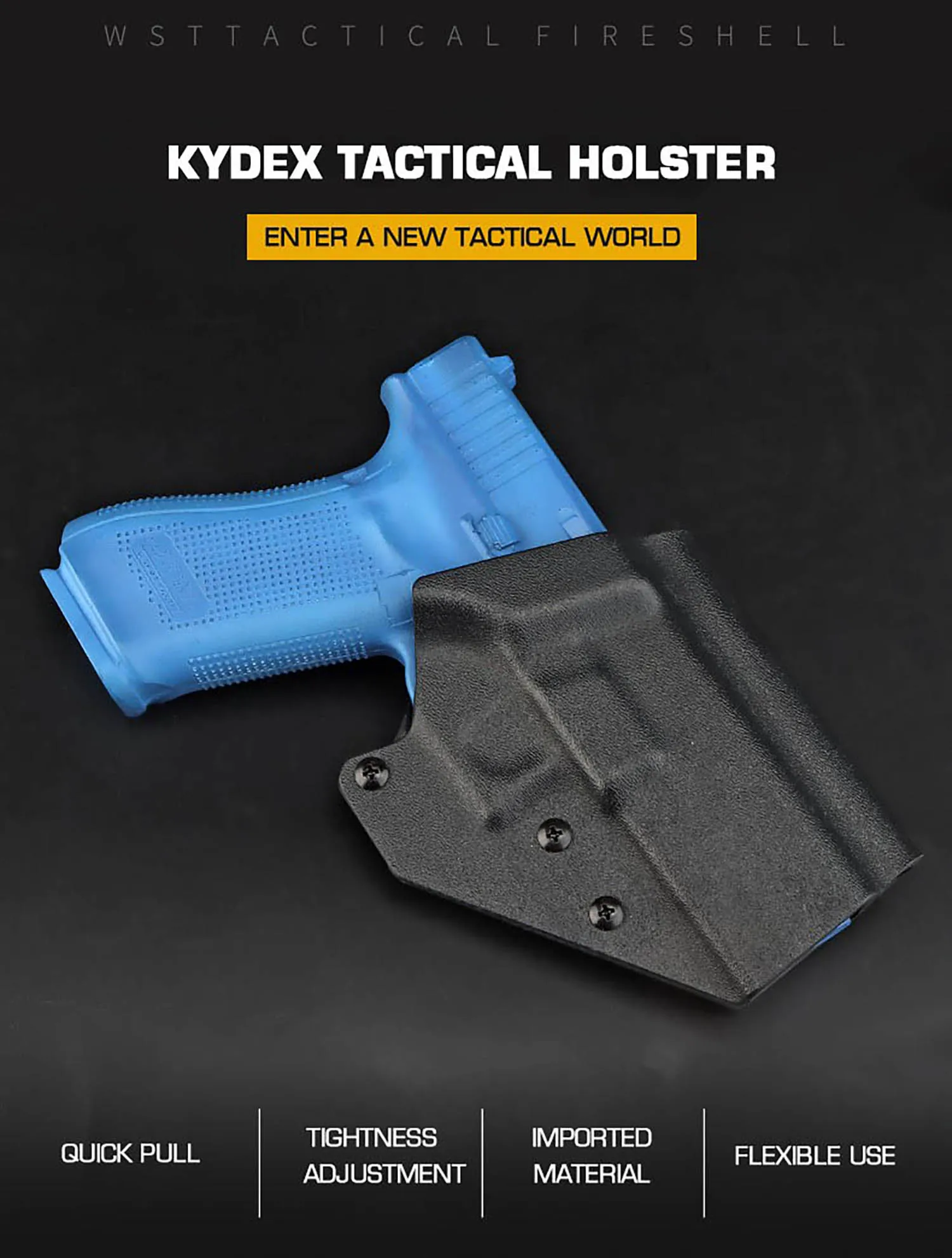 Funda Kydex vista frontal mostrando forma y ajustes