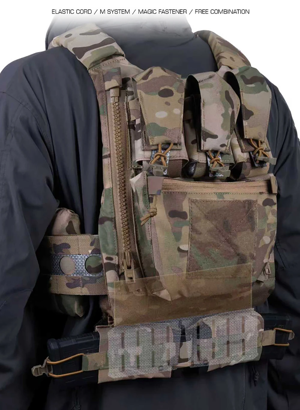 Panel táctico colgante Fe-rro Dropwing Vertical MOLLE instalado en un chaleco