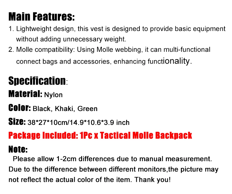 Mochila táctica con sistema MOLLE y compartimentos