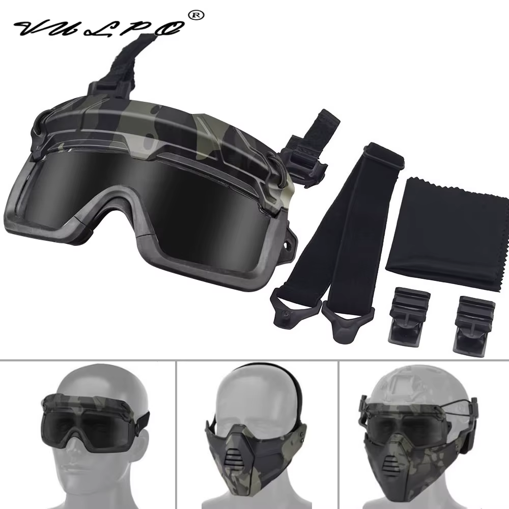 Vista frontal de las gafas VULPO montadas en un casco táctico