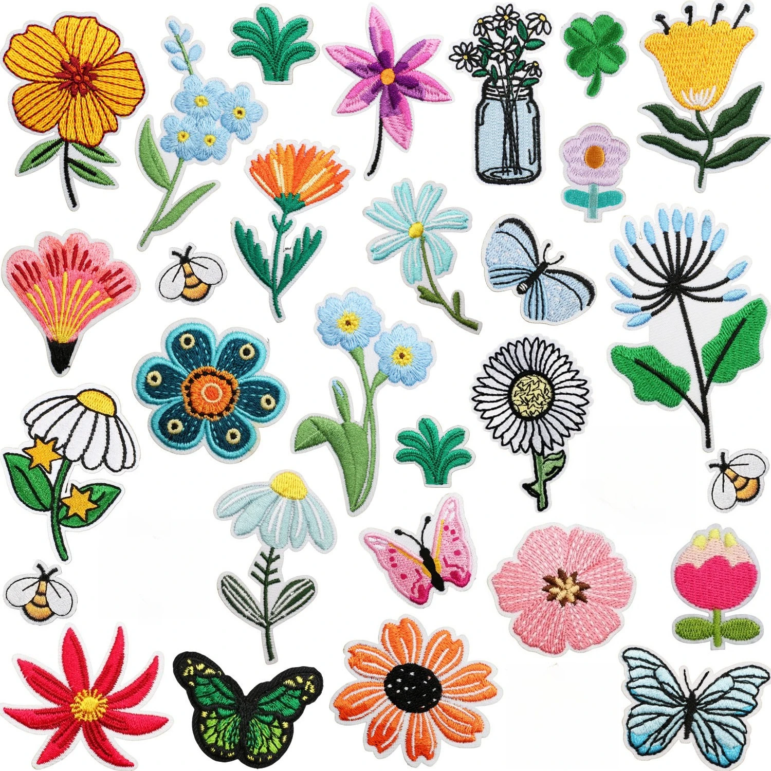 Parche bordado para planchar abeja y mariposa con flores verdes - imagen 5