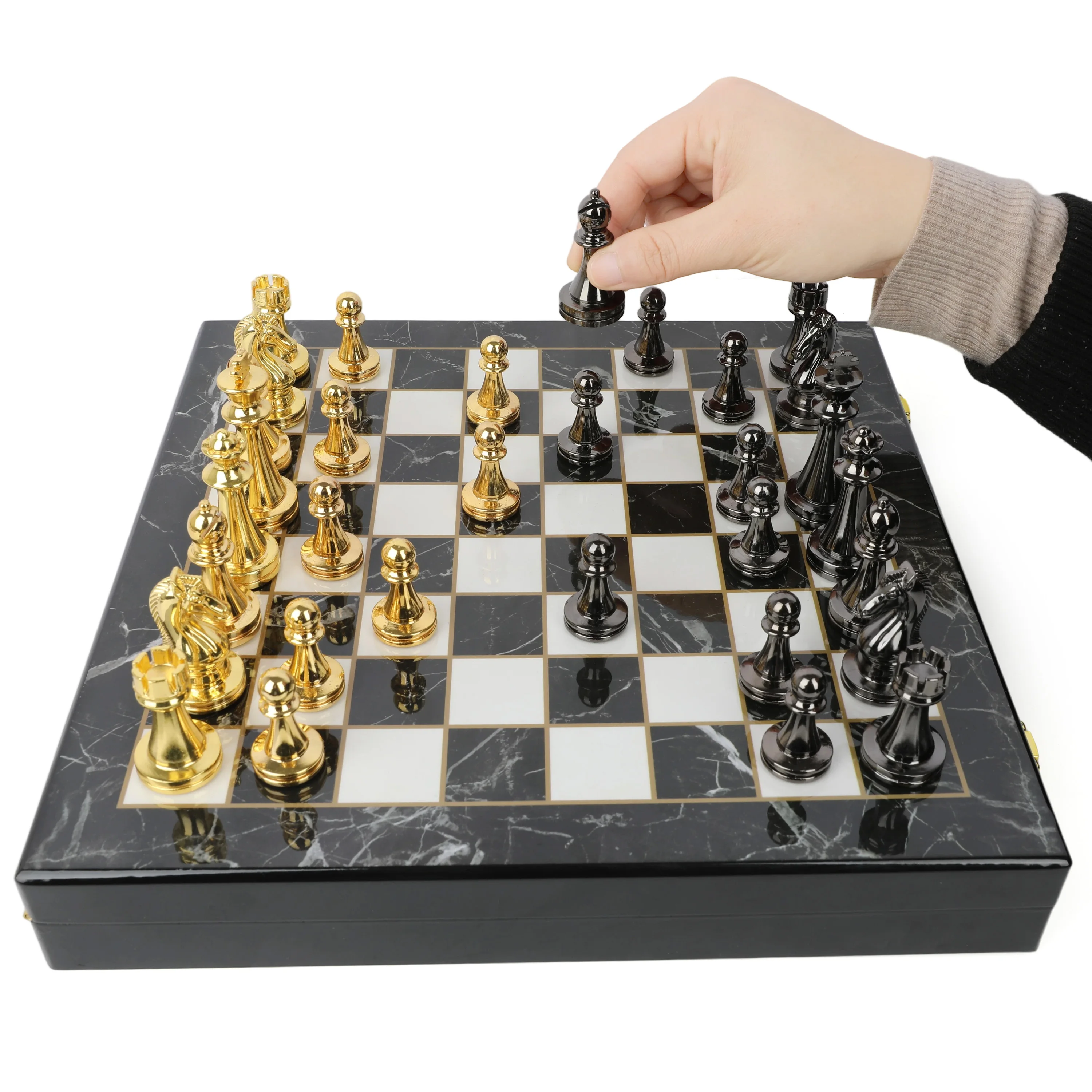 Juego de ajedrez metálico para viaje - tablero marmoleado y zinc - imagen 5