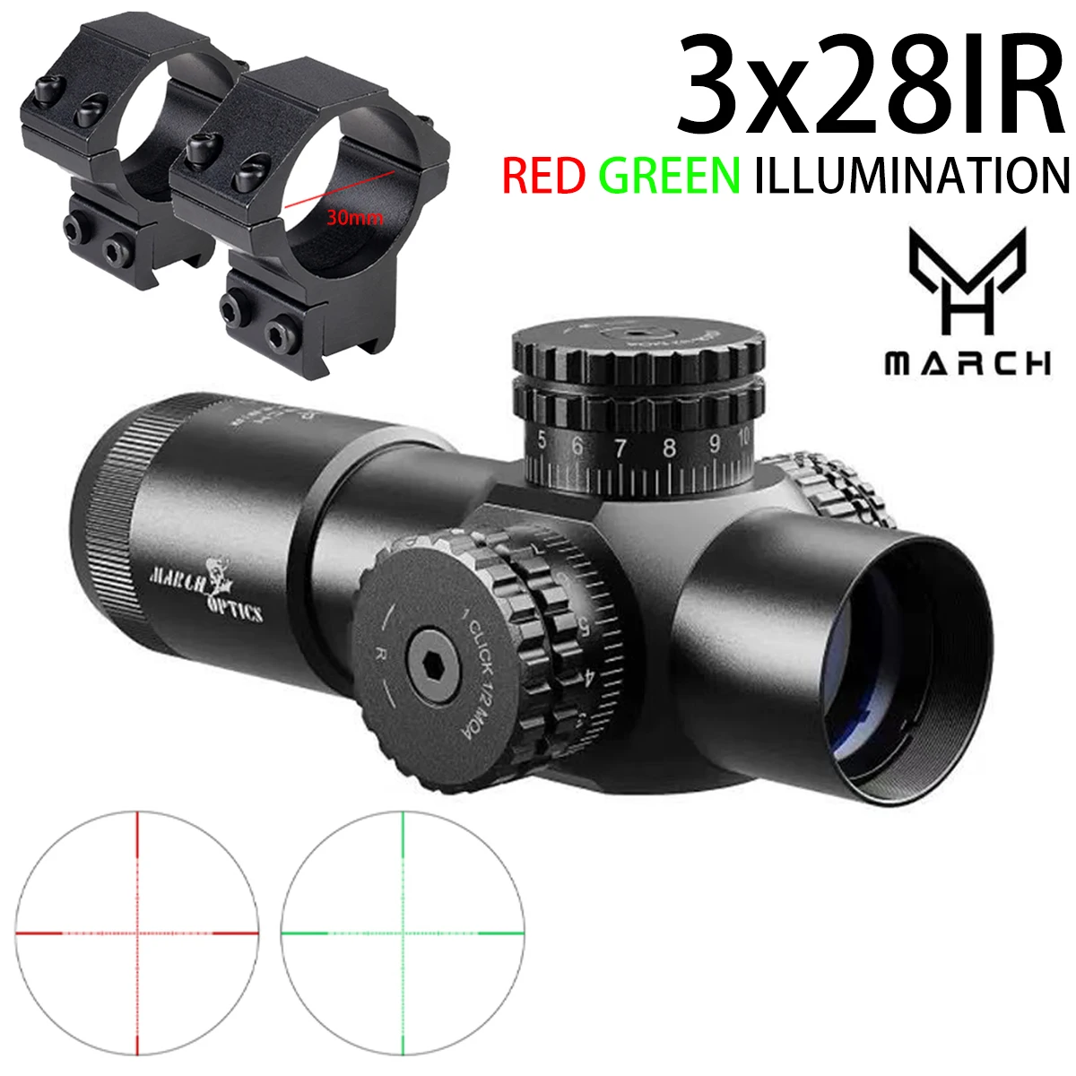 March HT 3X28IR – Mira telescópica compacta con retícula iluminada - imagen 4
