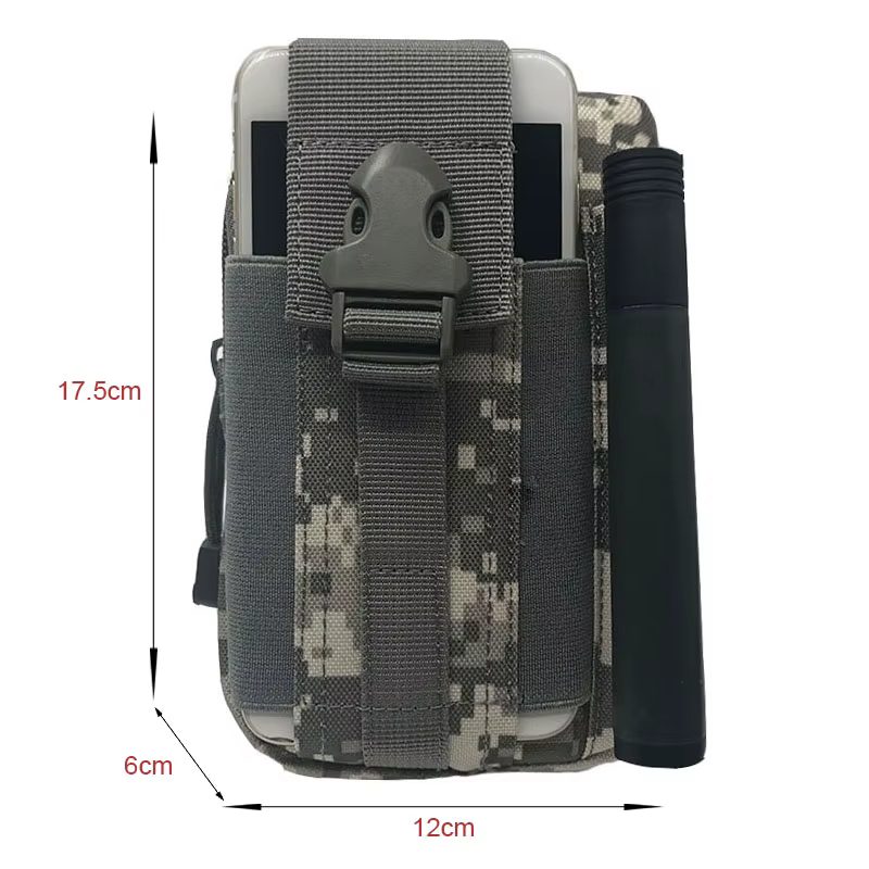Vista frontal de la bolsa de cintura MOLLE con camuflaje