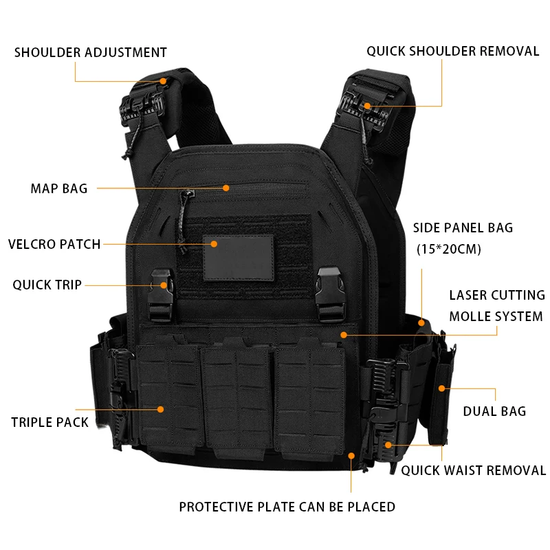 Vista completa del chaleco protector ajustable con accesorios incluidos