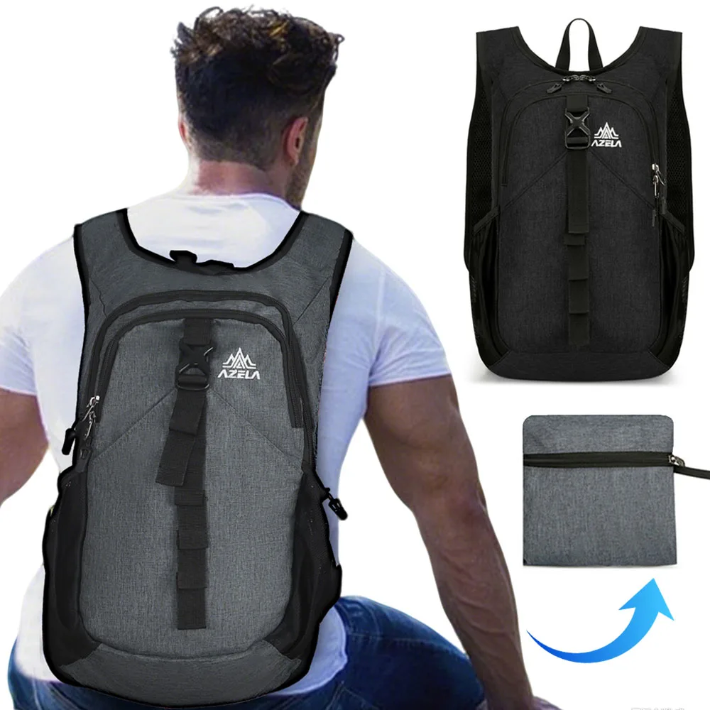 Mochila desplegada mostrando el tejido impermeable y los bolsillos laterales