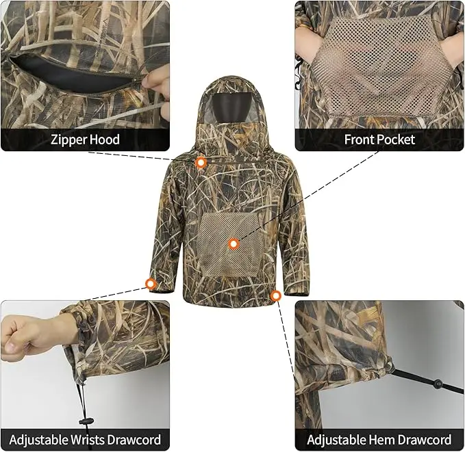 Traje Ghillie camuflaje transpirable con capucha para caza y pesca