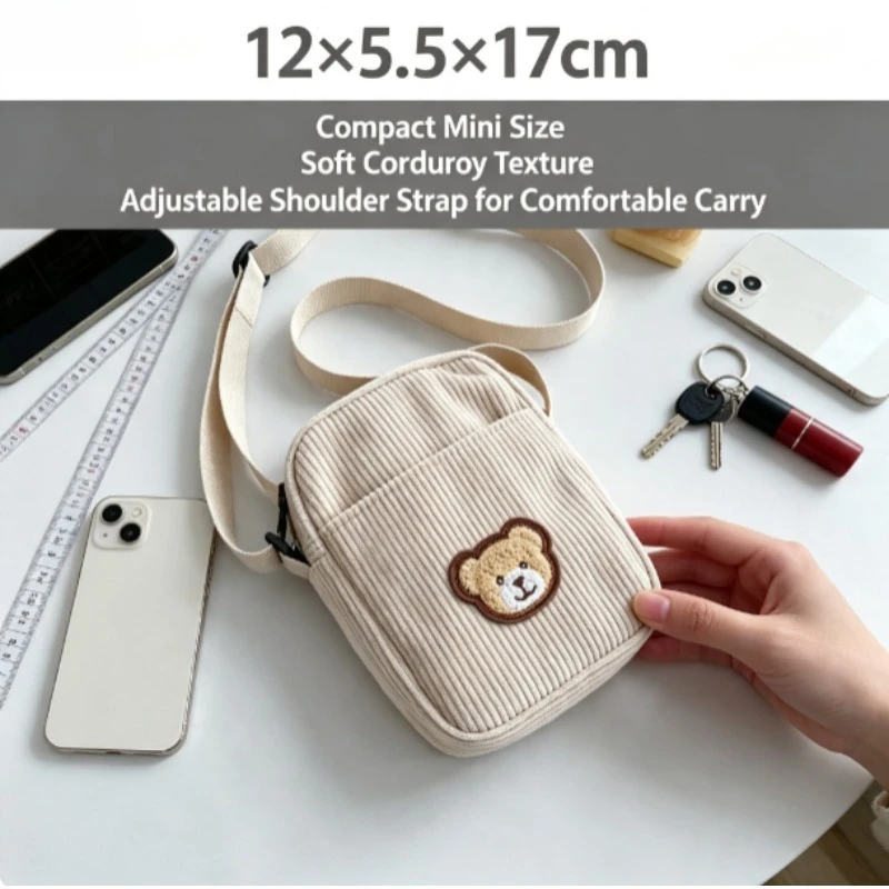 Bolso bandolera de pana con oso para móvil y monedas - imagen 4