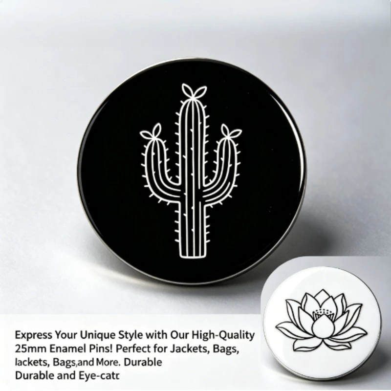 Pin botánico cactus y loto – Insignia broche minimalista redondo - imagen 2